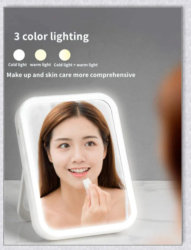 Traby Hand Smart Makeup Mirror with touch screen controls, adjustable brightness, and 45-degree rotation for easy on-the-go beauty touch-ups
