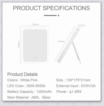 Traby Hand Smart Makeup Mirror with touch screen controls, adjustable brightness, and 45-degree rotation for easy on-the-go beauty touch-ups