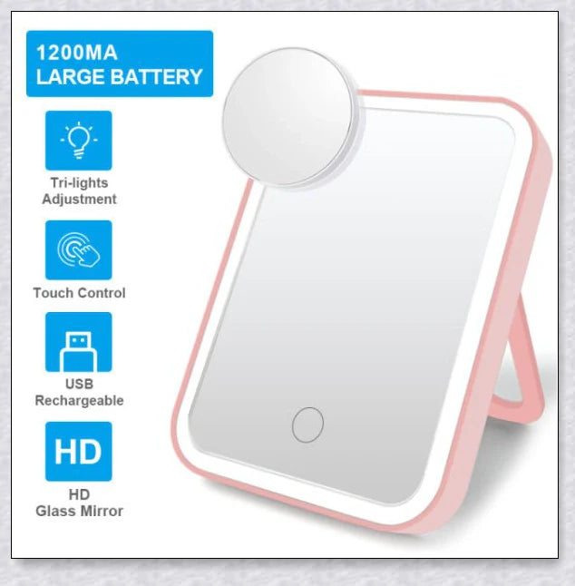 Traby Hand Smart Makeup Mirror with touch screen controls, adjustable brightness, and 45-degree rotation for easy on-the-go beauty touch-ups