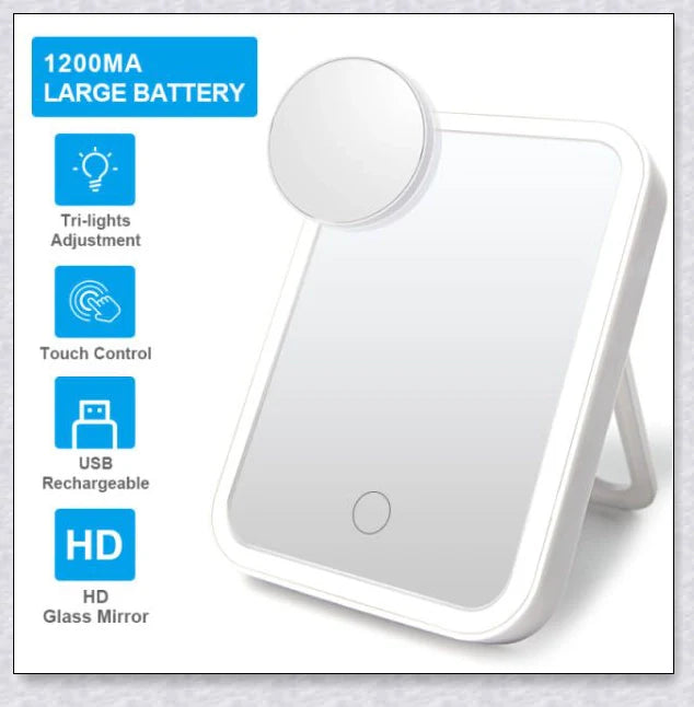 Traby Hand Smart Makeup Mirror with touch screen controls, adjustable brightness, and 45-degree rotation for easy on-the-go beauty touch-ups