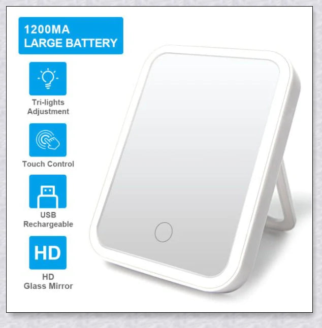 Traby Hand Smart Makeup Mirror with touch screen controls, adjustable brightness, and 45-degree rotation for easy on-the-go beauty touch-ups