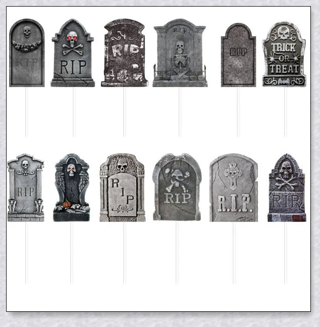 Spooky tombstone-themed cupcake toppers with skeleton designs, perfect for Halloween parties and horror-themed events
