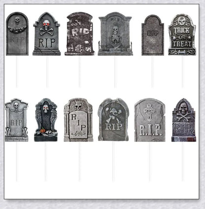 Spooky tombstone-themed cupcake toppers with skeleton designs, perfect for Halloween parties and horror-themed events