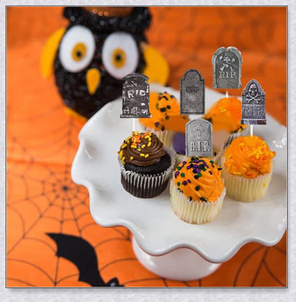 Spooky tombstone-themed cupcake toppers with skeleton designs, perfect for Halloween parties and horror-themed events