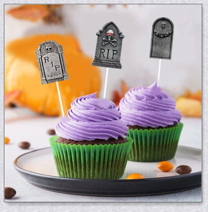 Spooky tombstone-themed cupcake toppers with skeleton designs, perfect for Halloween parties and horror-themed events