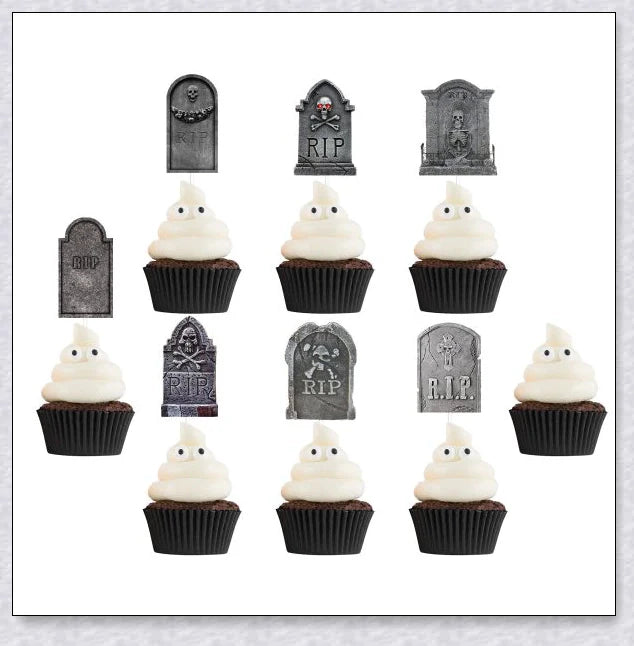 Spooky tombstone-themed cupcake toppers with skeleton designs, perfect for Halloween parties and horror-themed events