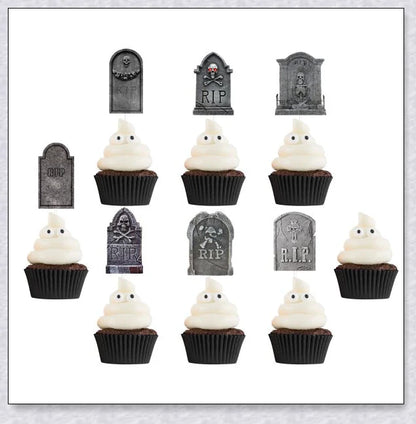 Spooky tombstone-themed cupcake toppers with skeleton designs, perfect for Halloween parties and horror-themed events