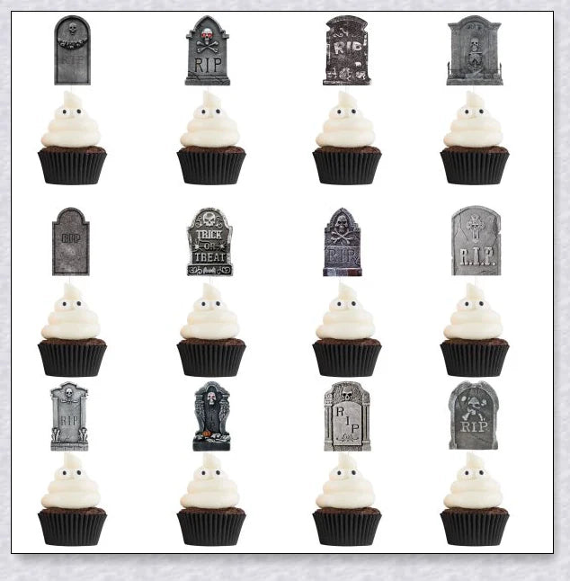 Spooky tombstone-themed cupcake toppers with skeleton designs, perfect for Halloween parties and horror-themed events