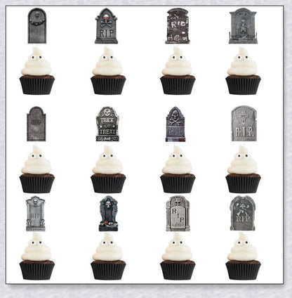 Spooky tombstone-themed cupcake toppers with skeleton designs, perfect for Halloween parties and horror-themed events