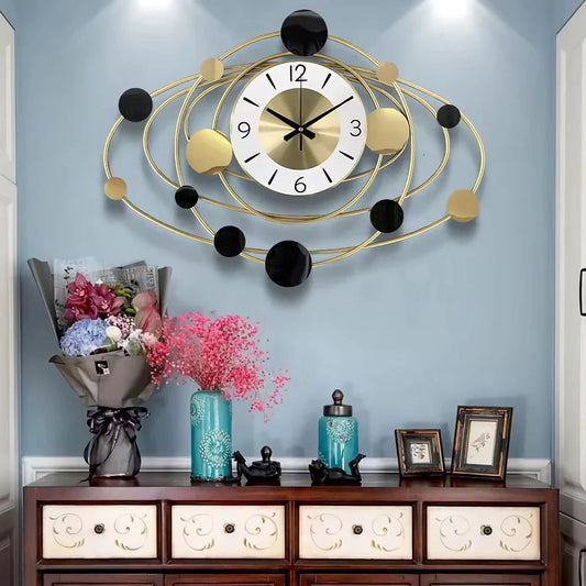 Trendha's Modern Luxury Art Wall Clock with a sleek metal dial and abstract pattern, a stylish addition to any living room.