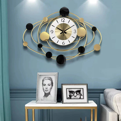 Trendha's Modern Luxury Art Wall Clock with a sleek metal dial and abstract pattern, a stylish addition to any living room.