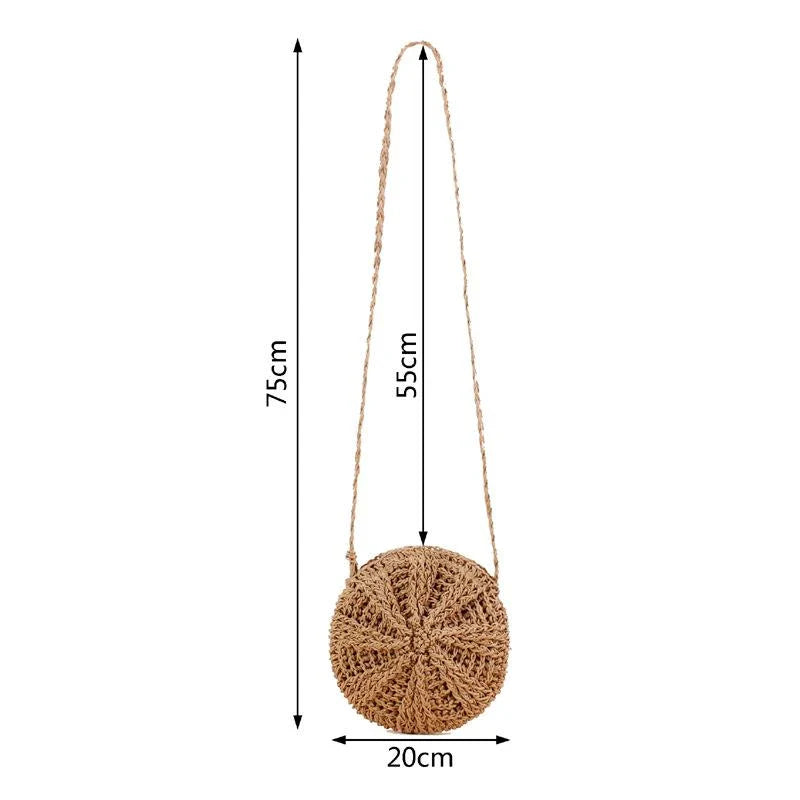 Bohemian rattan round crossbody bag in beige colour with tassel accent