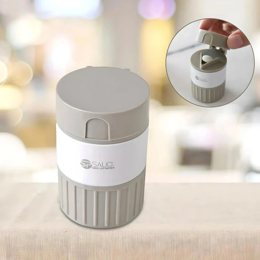 4-in-1 Portable Medicine Crusher and Pill Cutter with compact, tiered design for organising and dispensing medication
