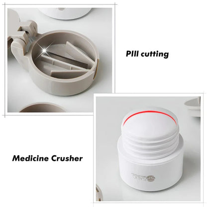 4-in-1 Portable Medicine Crusher and Pill Cutter with compact, tiered design for organising and dispensing medication