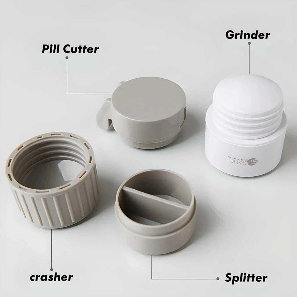 4-in-1 Portable Medicine Crusher and Pill Cutter with compact, tiered design for organising and dispensing medication