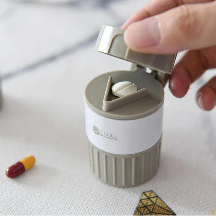 4-in-1 Portable Medicine Crusher and Pill Cutter with compact, tiered design for organising and dispensing medication