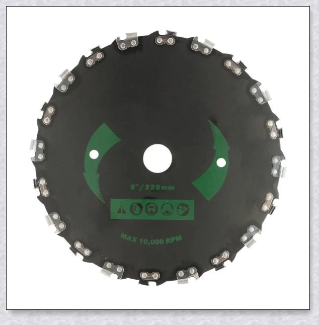 Heavy Duty Brushcutter with unique disc design and chainsaw teeth for efficient outdoor maintenance