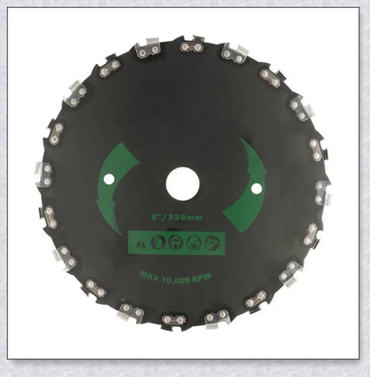 Heavy Duty Brushcutter with unique disc design and chainsaw teeth for efficient outdoor maintenance