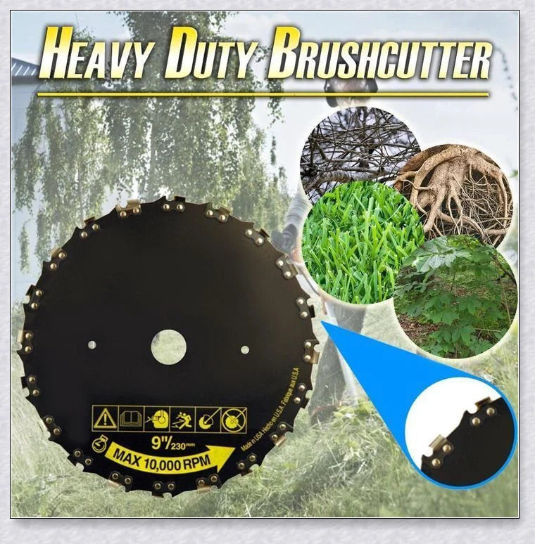 Heavy Duty Brushcutter with unique disc design and chainsaw teeth for efficient outdoor maintenance