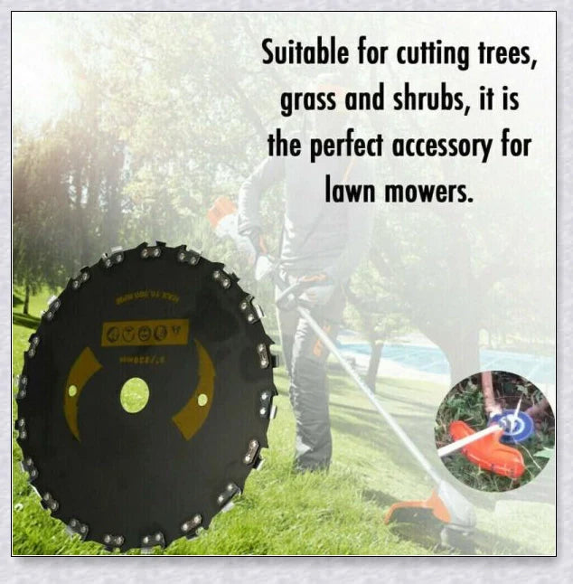 Heavy Duty Brushcutter with unique disc design and chainsaw teeth for efficient outdoor maintenance