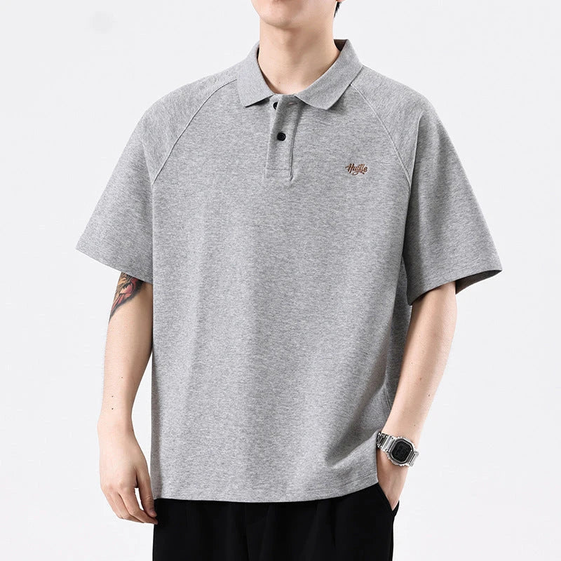 American-inspired polo collar t-shirt in white, dark brown, and melange grey colours