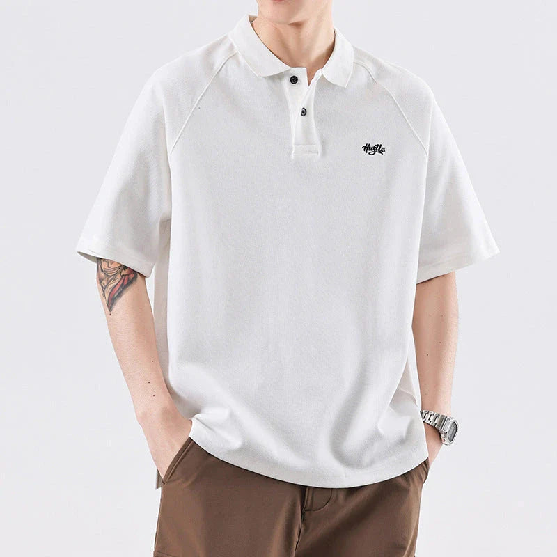 American-inspired polo collar t-shirt in white, dark brown, and melange grey colours