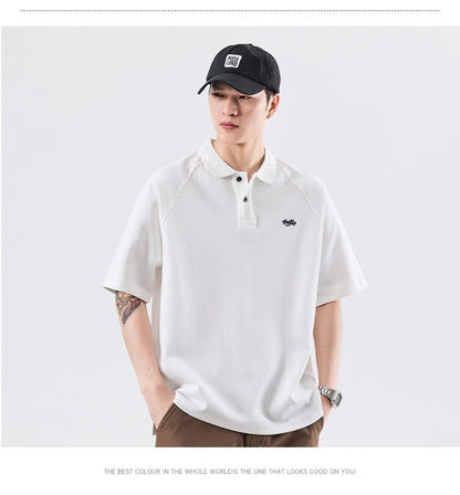 American-inspired polo collar t-shirt in white, dark brown, and melange grey colours