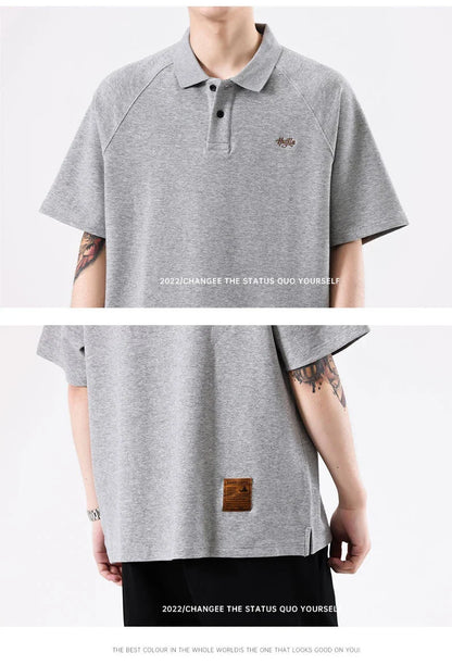 American-inspired polo collar t-shirt in white, dark brown, and melange grey colours