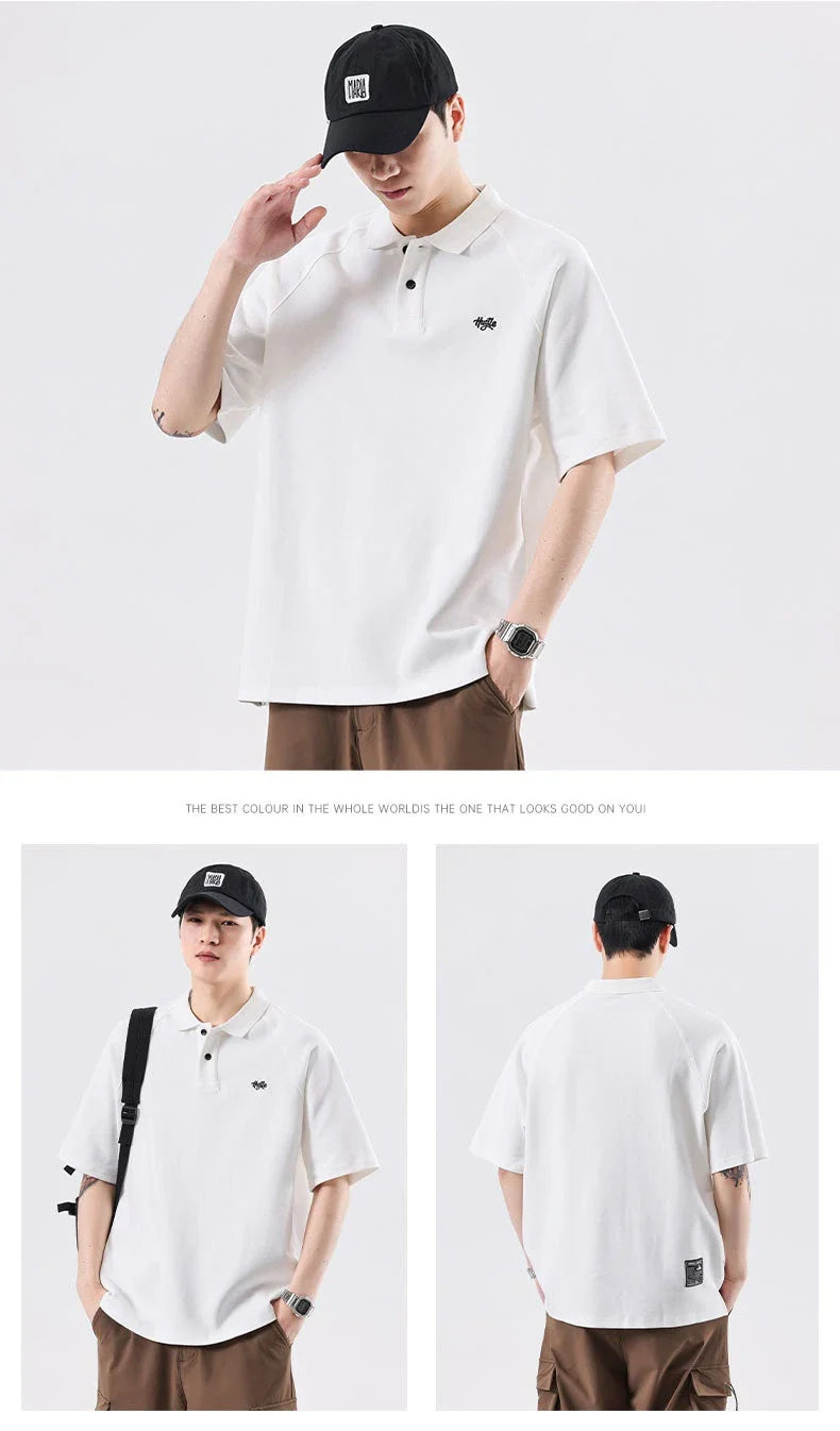 American-inspired polo collar t-shirt in white, dark brown, and melange grey colours
