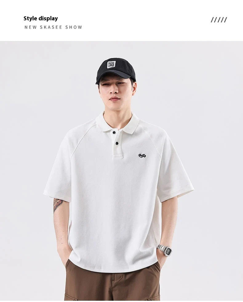 American-inspired polo collar t-shirt in white, dark brown, and melange grey colours