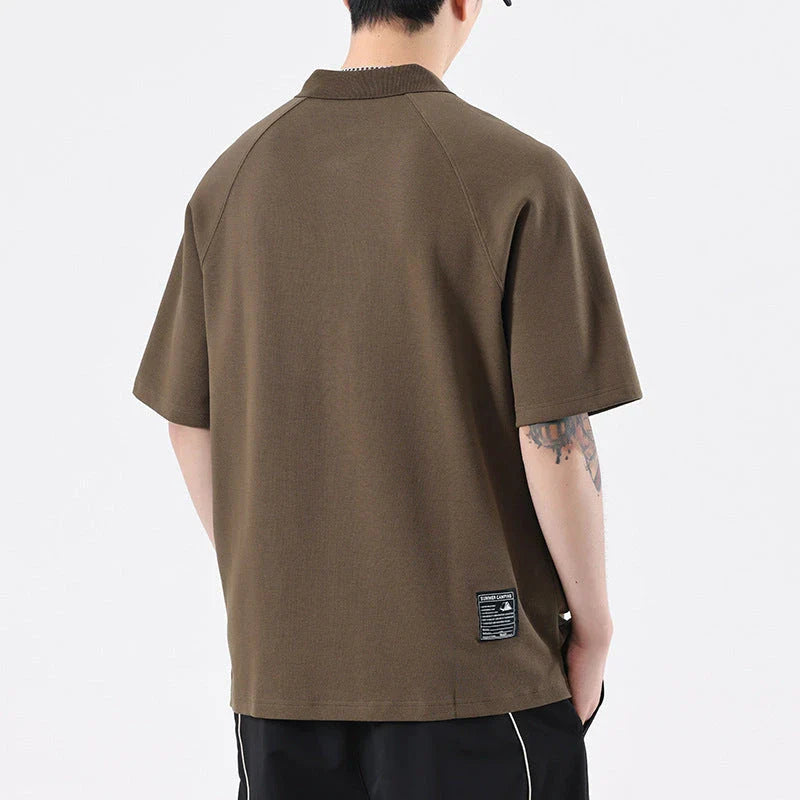 American-inspired polo collar t-shirt in white, dark brown, and melange grey colours