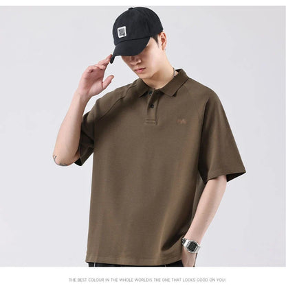 American-inspired polo collar t-shirt in white, dark brown, and melange grey colours