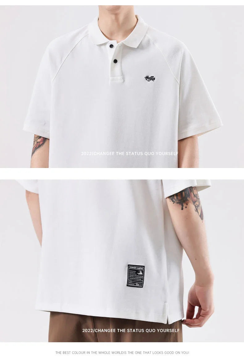 American-inspired polo collar t-shirt in white, dark brown, and melange grey colours