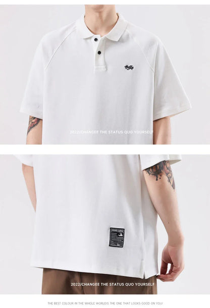 American-inspired polo collar t-shirt in white, dark brown, and melange grey colours