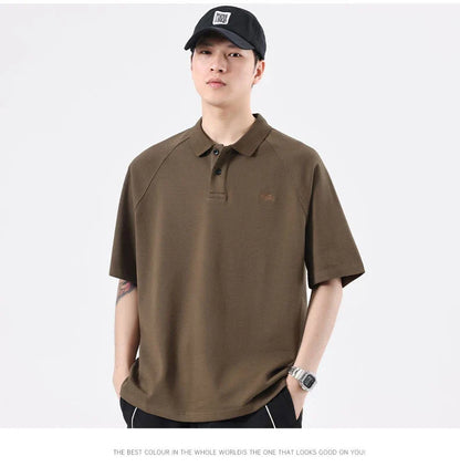American-inspired polo collar t-shirt in white, dark brown, and melange grey colours