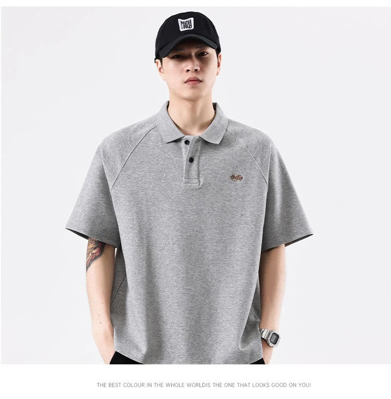 American-inspired polo collar t-shirt in white, dark brown, and melange grey colours
