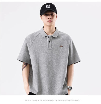 American-inspired polo collar t-shirt in white, dark brown, and melange grey colours