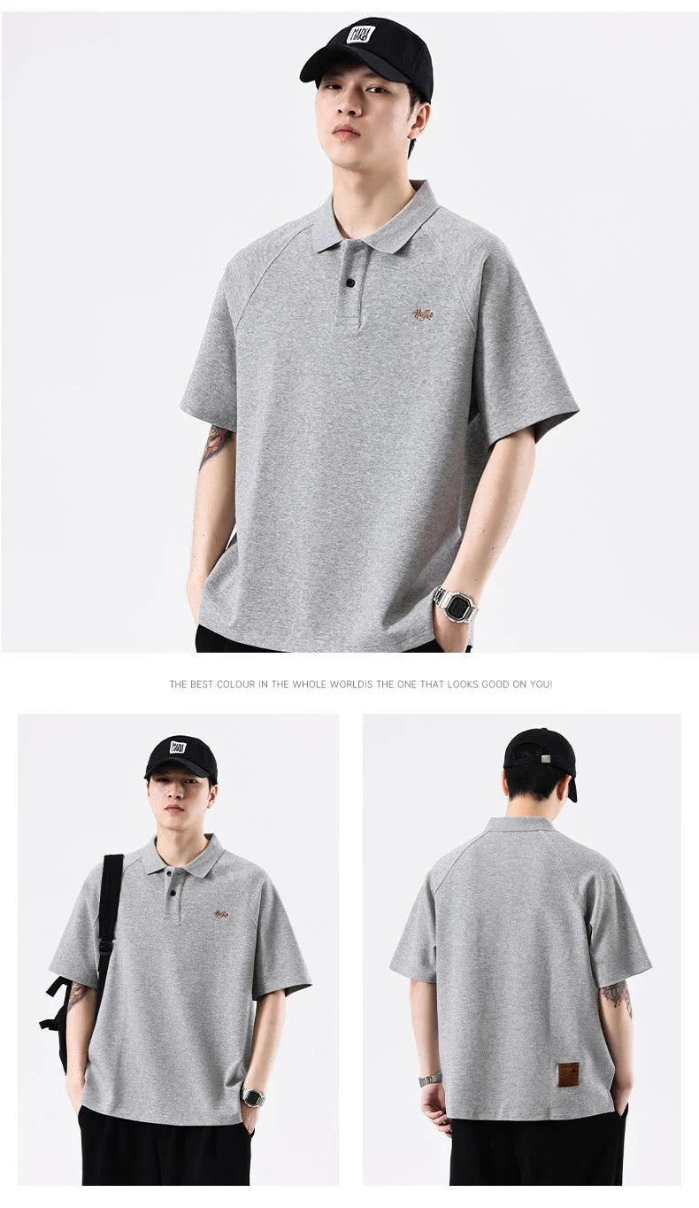 American-inspired polo collar t-shirt in white, dark brown, and melange grey colours
