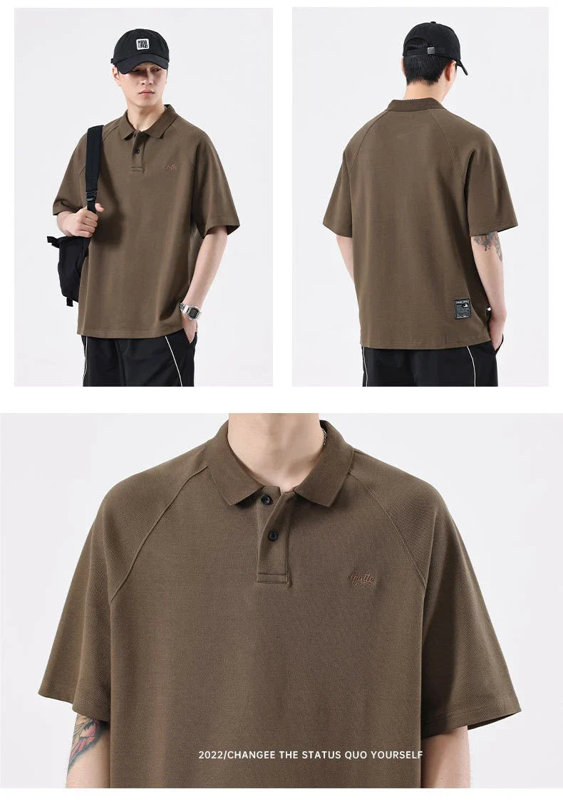 American-inspired polo collar t-shirt in white, dark brown, and melange grey colours