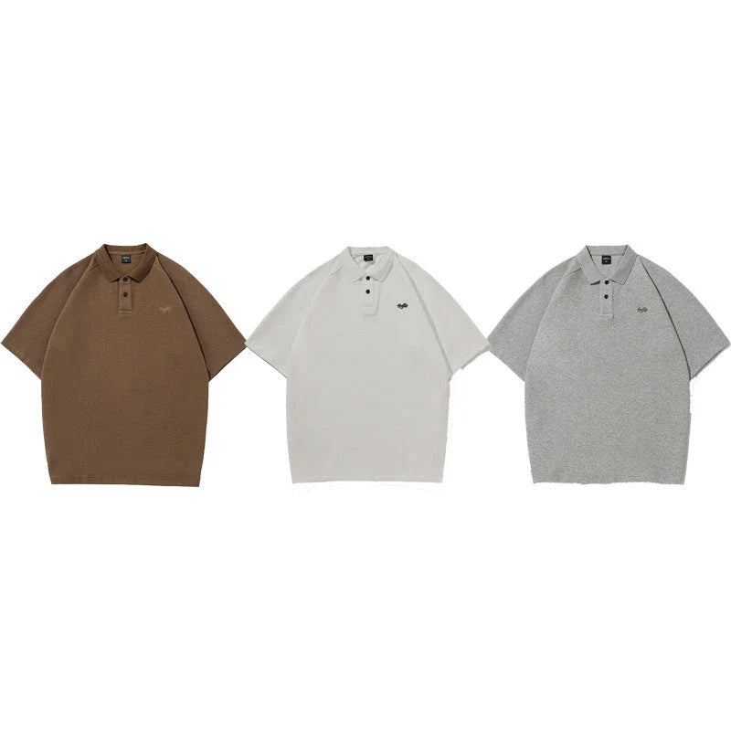 American-inspired polo collar t-shirt in white, dark brown, and melange grey colours