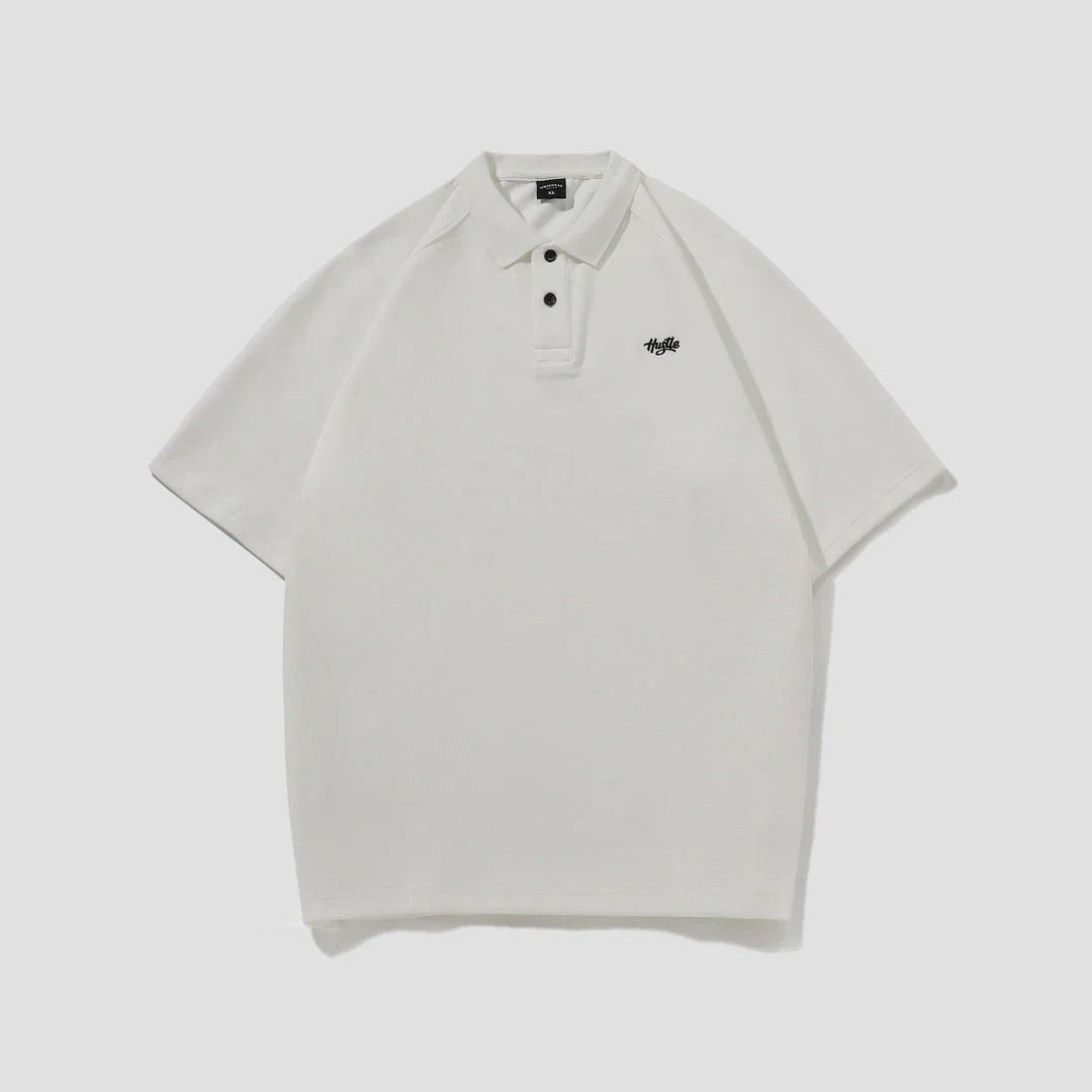 American-inspired polo collar t-shirt in white, dark brown, and melange grey colours