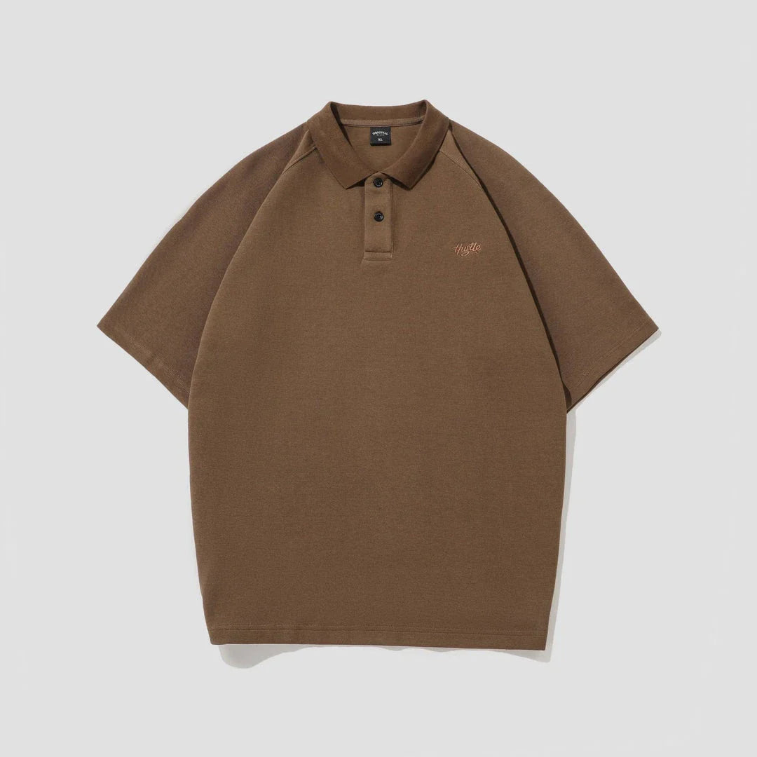 American-inspired polo collar t-shirt in white, dark brown, and melange grey colours