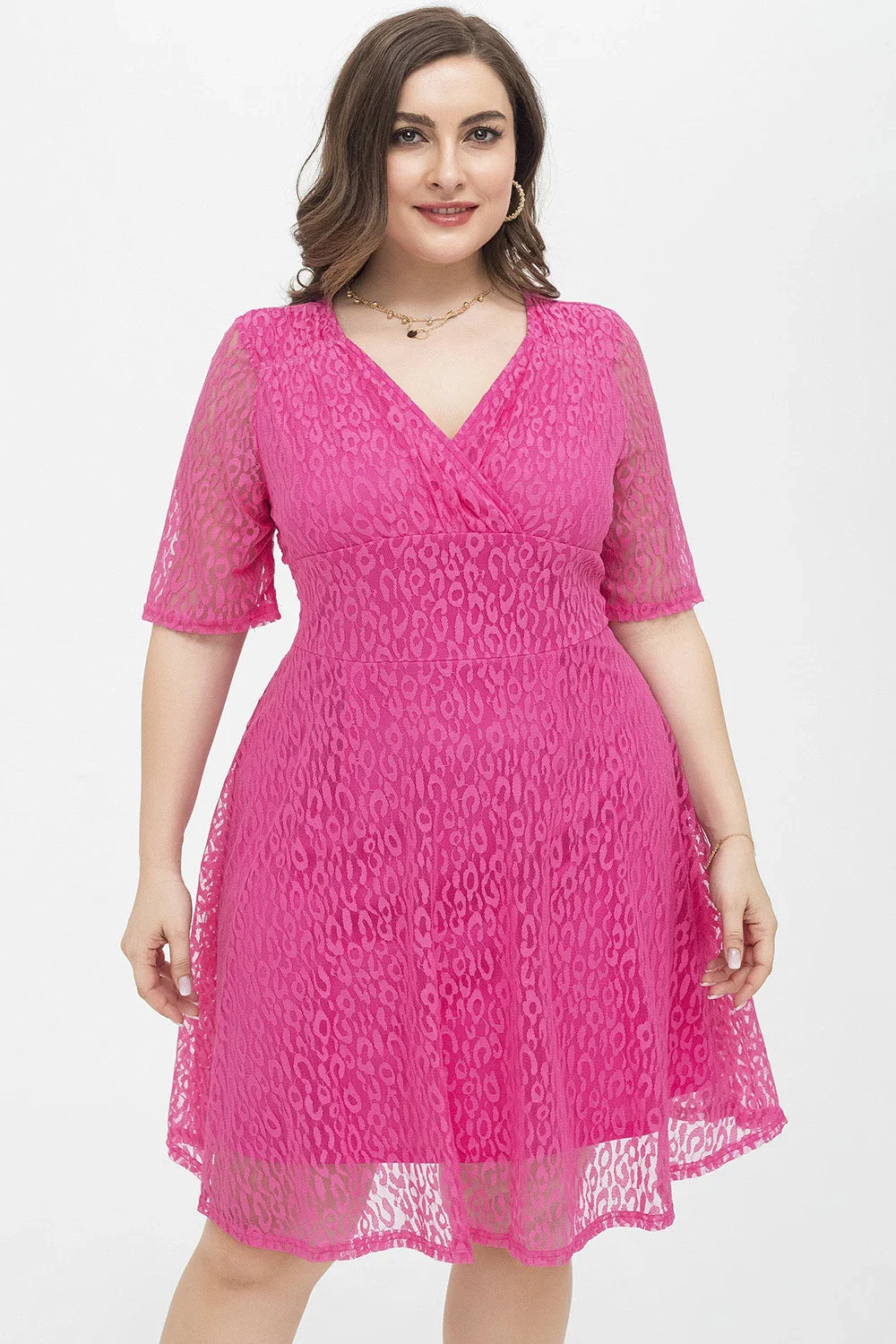 Casual waist-tight v-neck lace dress in rose red colour, featuring A-line silhouette and figure-flattering design