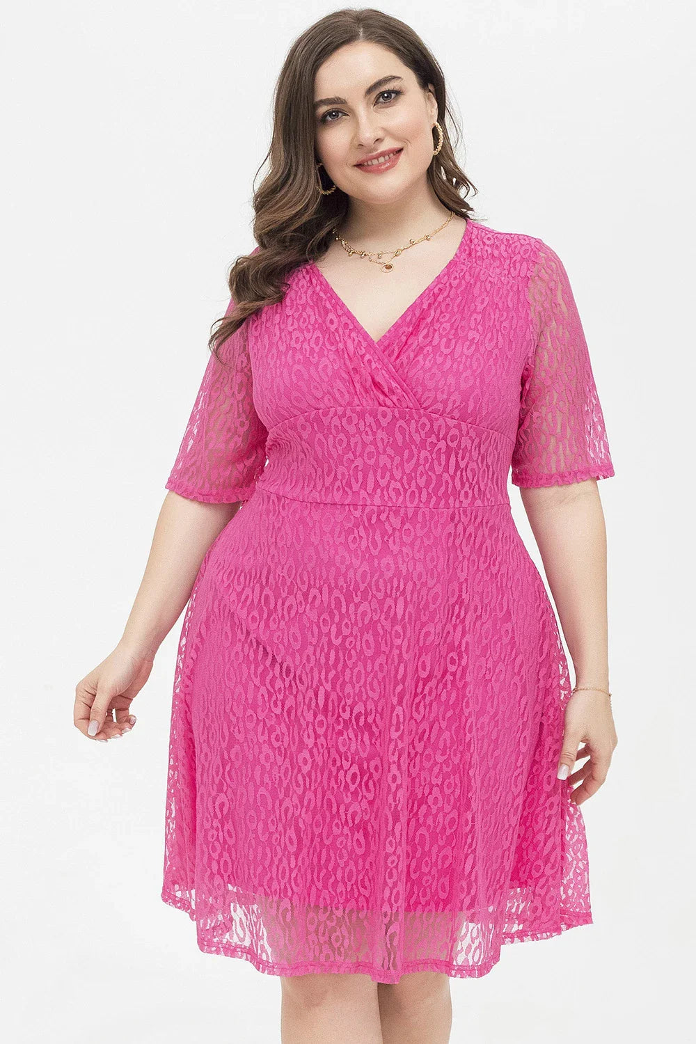 Casual waist-tight v-neck lace dress in rose red colour, featuring A-line silhouette and figure-flattering design