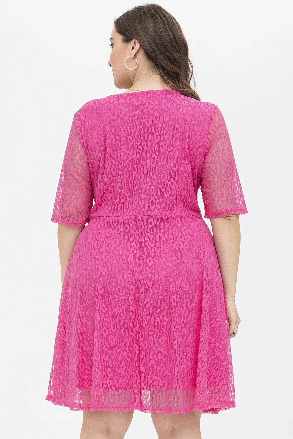Casual waist-tight v-neck lace dress in rose red colour, featuring A-line silhouette and figure-flattering design