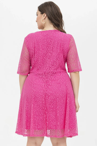 Casual waist-tight v-neck lace dress in rose red colour, featuring A-line silhouette and figure-flattering design