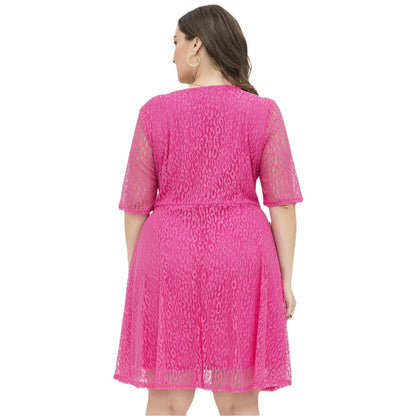 Casual waist-tight v-neck lace dress in rose red colour, featuring A-line silhouette and figure-flattering design