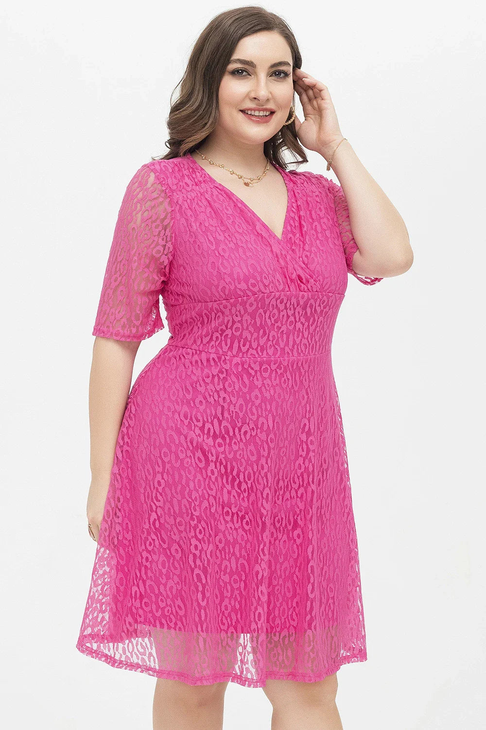 Casual waist-tight v-neck lace dress in rose red colour, featuring A-line silhouette and figure-flattering design