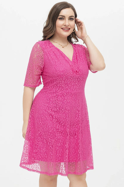 Casual waist-tight v-neck lace dress in rose red colour, featuring A-line silhouette and figure-flattering design