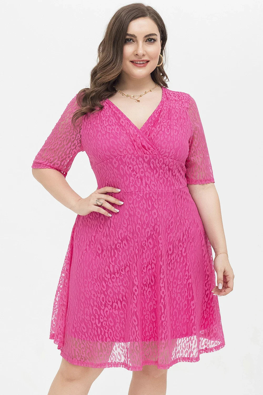 Casual waist-tight v-neck lace dress in rose red colour, featuring A-line silhouette and figure-flattering design